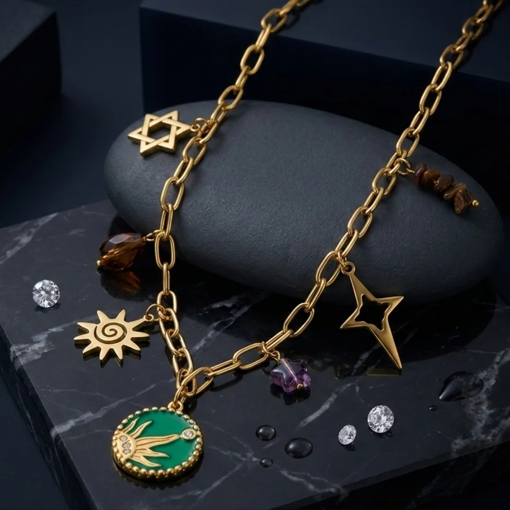 18K Gold Plated Boho Celestial Sun Star Charm Necklace 316L Stainless Steel